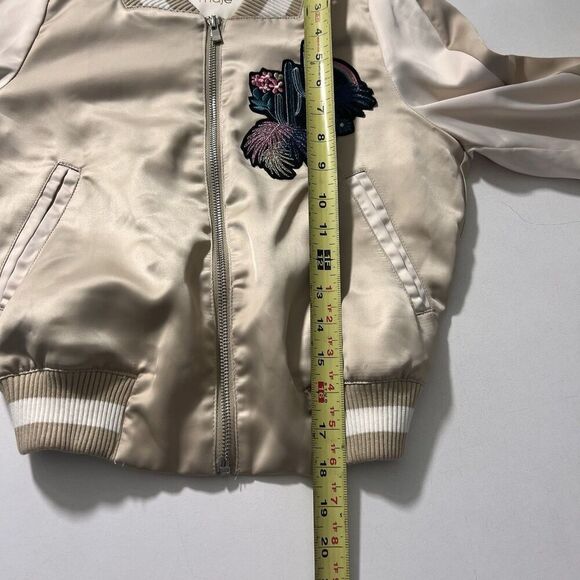 Maje Bomber Jacket Womens 36 Satin Embroidered Beige Preppy Academia - Picture 10 of 11